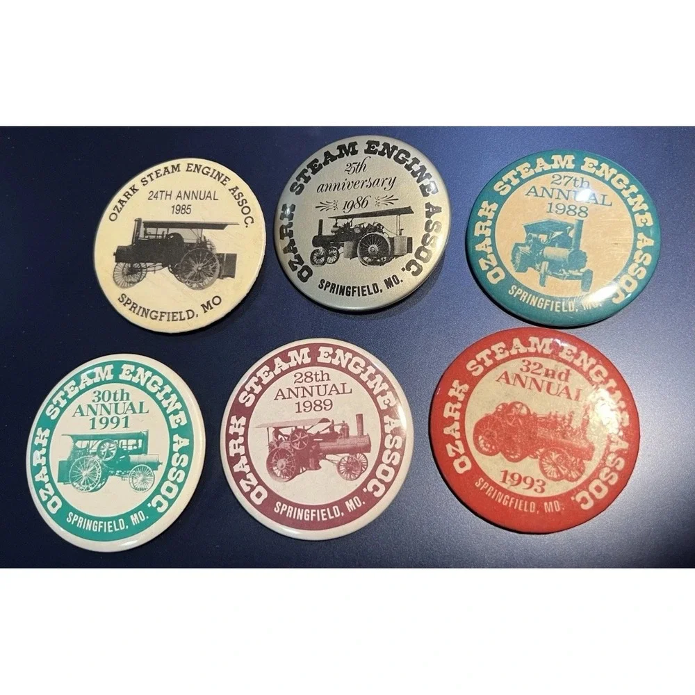 6pc Vintage Ozark Steam Engine Assoc Springfield MO Pinback Button Lot 1985-1993